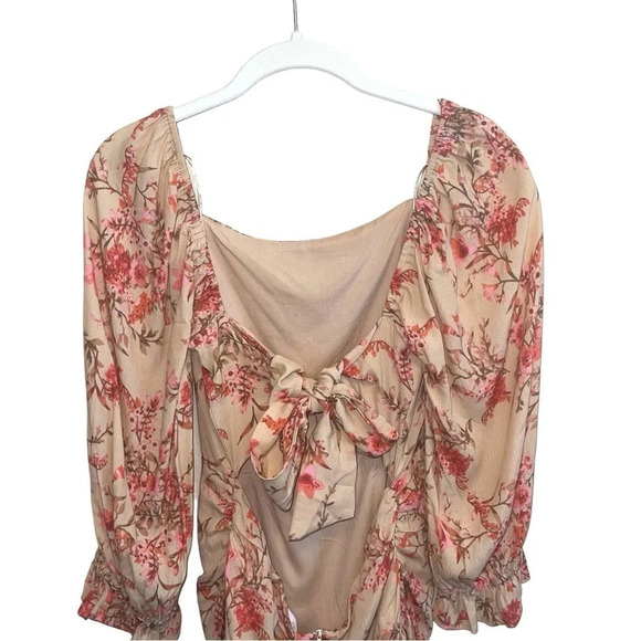Coquette Boho Cottagecore Dress Cut Out Pink Floral  Dress Puff Sleeves L - Picture 12 of 14